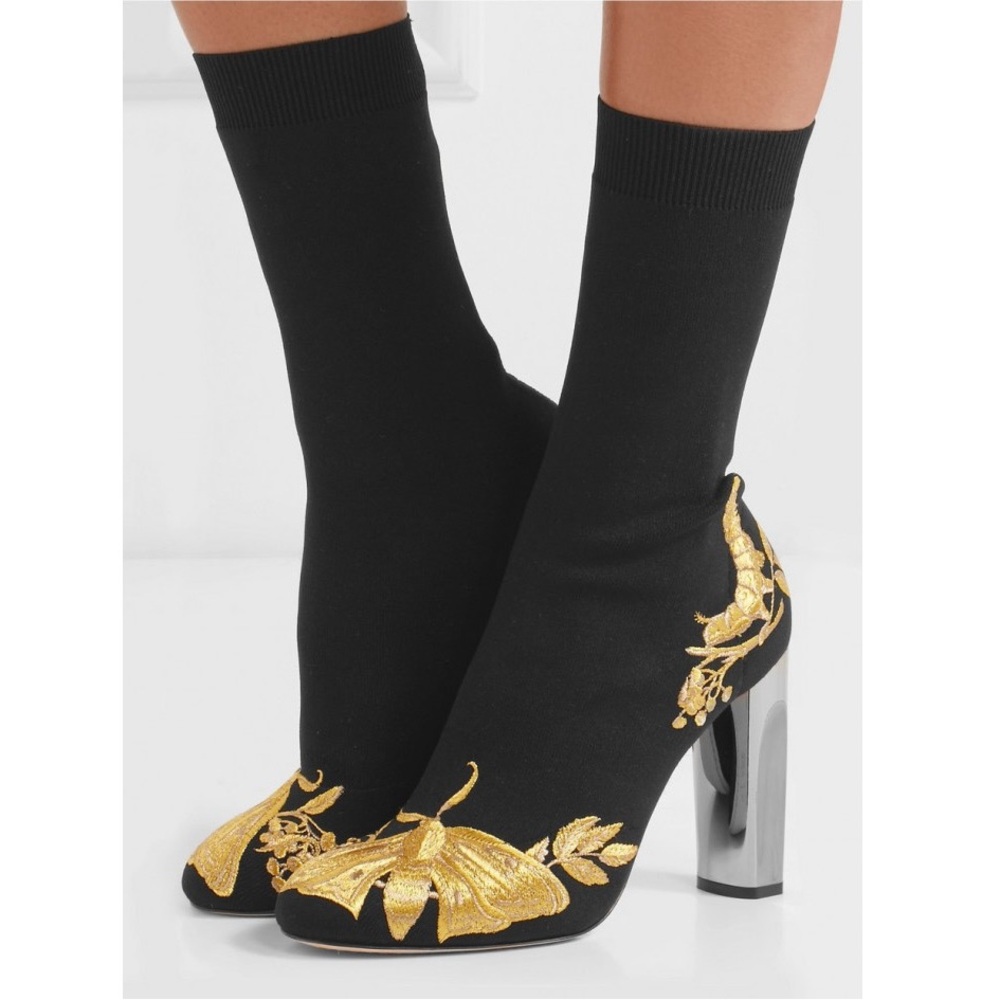 Alexander McQueen Caterpillar Butterfly Embroidered Stretch Knit Sock Boots 39